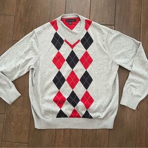 Tommy Hilfiger Argyle Sweater Pullover V Neck Knit Cotton Gray Red Black sz Lg